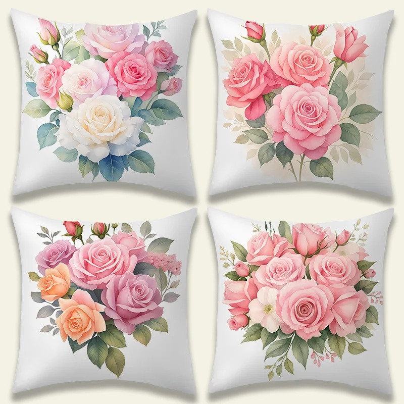 

4pcs Watercolor Pink Rose Throw Pillow Covers, Soft Blush Rose Bouquet Print Cushion Cases, Romantic Floral Home Decor