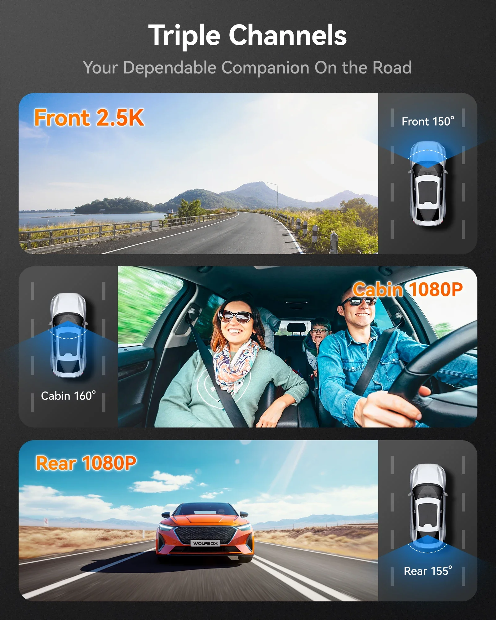 Wolfbox Dealer I07 3 Inch Full Hd 3 Channel Night Vision Wifi Cameras Car Dvr Black Box Mirror Dash Cam