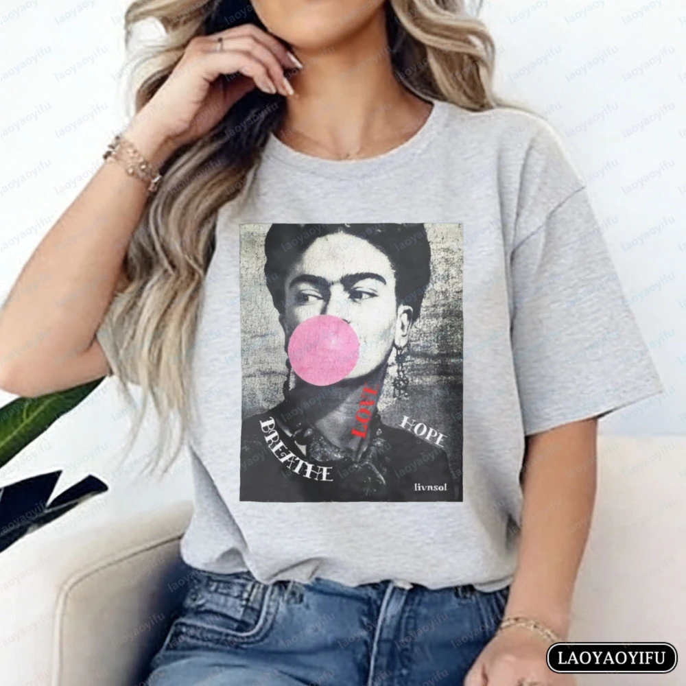 

Vintage Frida Tee Fun Bubble Gum Frida Retro Photo Graphic Tshirt Inspirational Casual Cotton Tops Mexican Streetwear for Women
