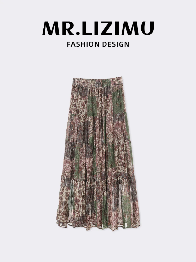 

Mr. Plum High Waist Floral Print Patchwork Ethnic Sle Midi Skirt Women's Casual Versatile Spring Summer New Arrival Skirt