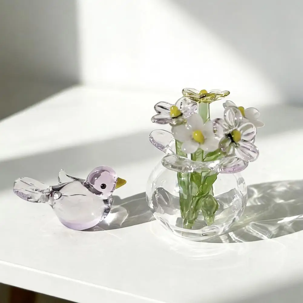 Mini Lifelike Glass Flowers Simulation Flowers Handcrafted Floral Sculpture Floral Bouquet With Vase Home Decoration