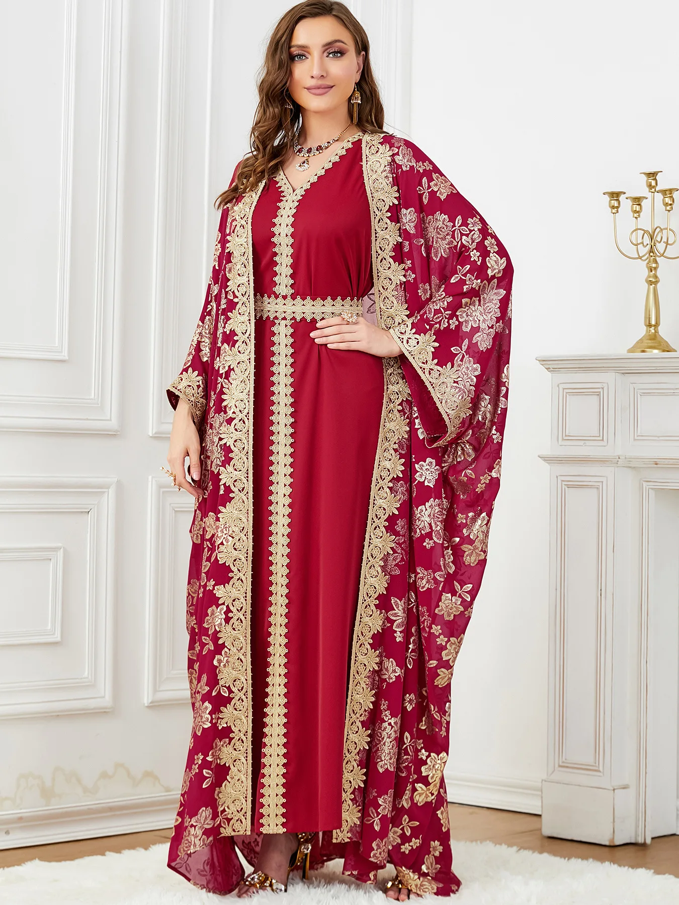 Abaya musulman pour femmes 2 pièces ensemble Robe Caftan fête Kimono Robe dubaï caftan Kebaya Caftan Marocain Femme Robe Jalabiya Robe