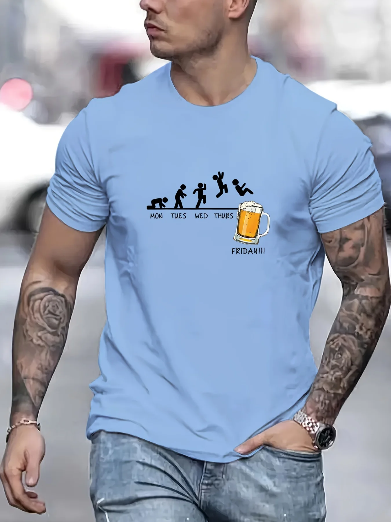 Summer men\'s 100% cotton casual loose size Jumping In Beer print round neck short sleeved T-shirt top