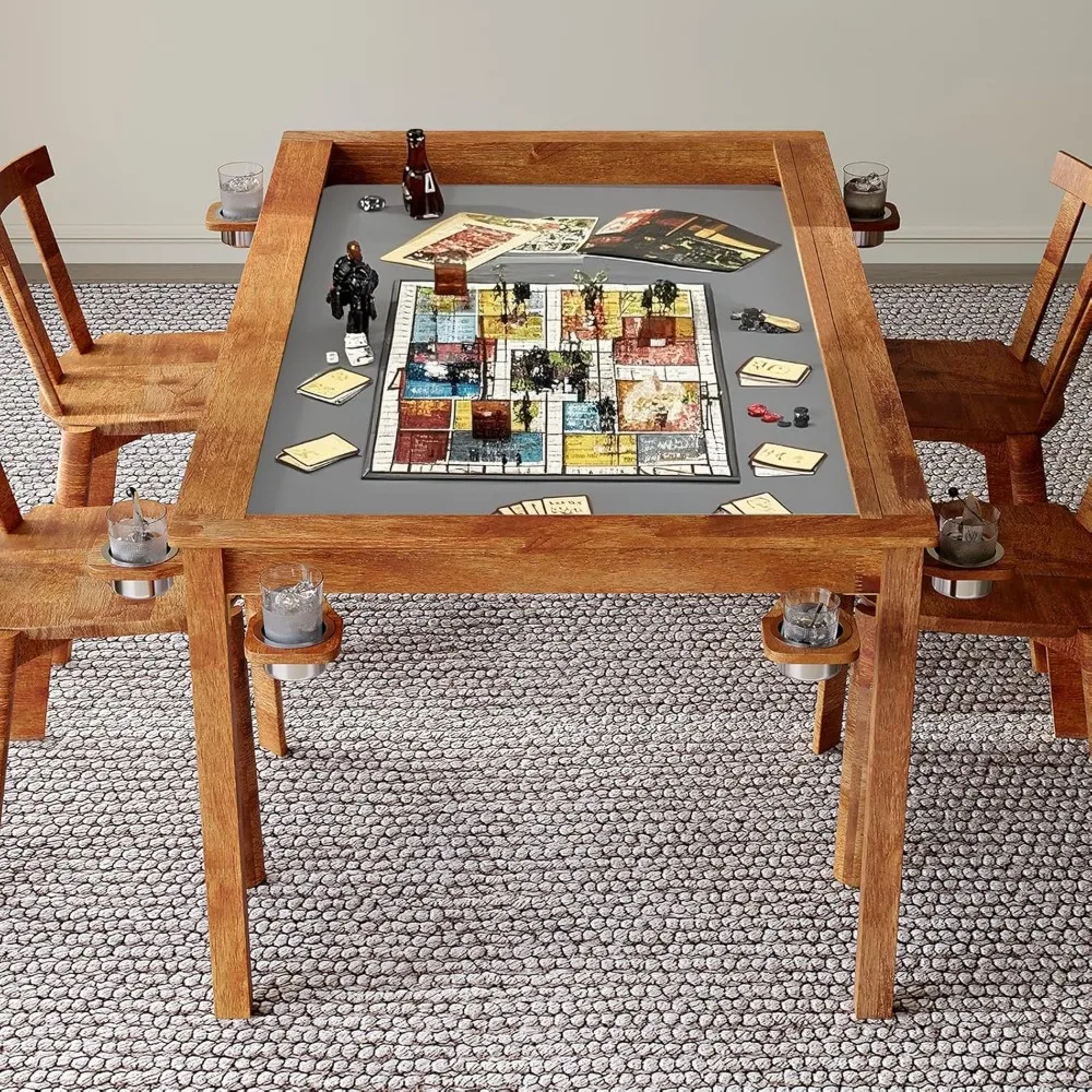 

Oak Wood Board Game Table for 6 Players with Removable Table Top, 53in x 30in Gaming Area, Includes Game Mat, Detachable Cup Ho