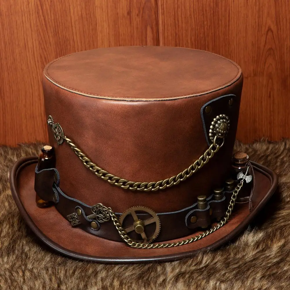 Steampunk Industrial Retro Pu Leather Cap Halloween Cos Gothic Unisex Vintage Hat Medicine Bottles Bullets Gear Chain Decoration