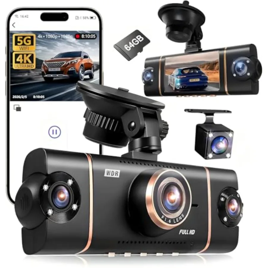 

4 Channel 360 Dash Cam for Car Use, ABS Plastic Body, Black, 4K+1080P3 FHD Recording with 5GHz WiFi, App Control, 24H Parking M