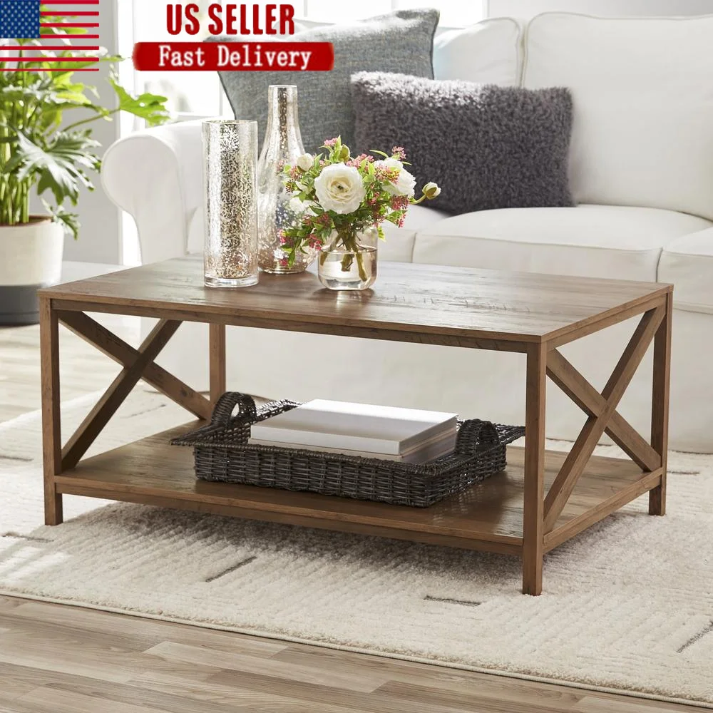 

Rustic Rectangle Coffee Table with Bottom Shelf Storage Indoor Furniture Living Room and Office Easy Assembly