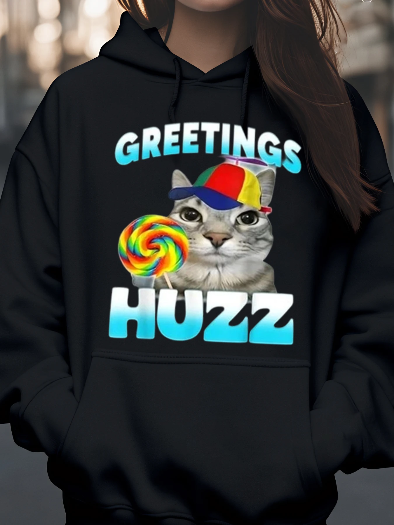 Cat with Lollipop and Hat Greetings Huzz Print Hoodie Halloween Casual Wear Unisex