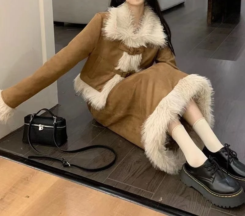 Khaki Coat with Cotton Fashion Suit Skirt Women's Winter Small Fragrant Style Korean Skirt Thickened Two-piece Set