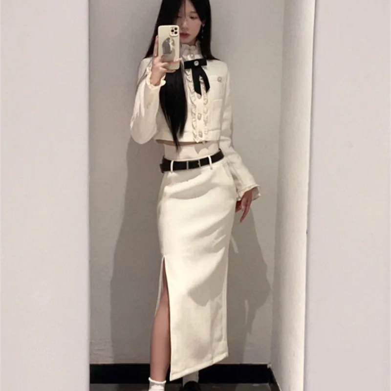 Korean Fashion Elegant Two-piece Skirt Set Women Crop Jacket Coat Bodycon High Waist Midi Skirt Autumn Winter New Luxury Outfits