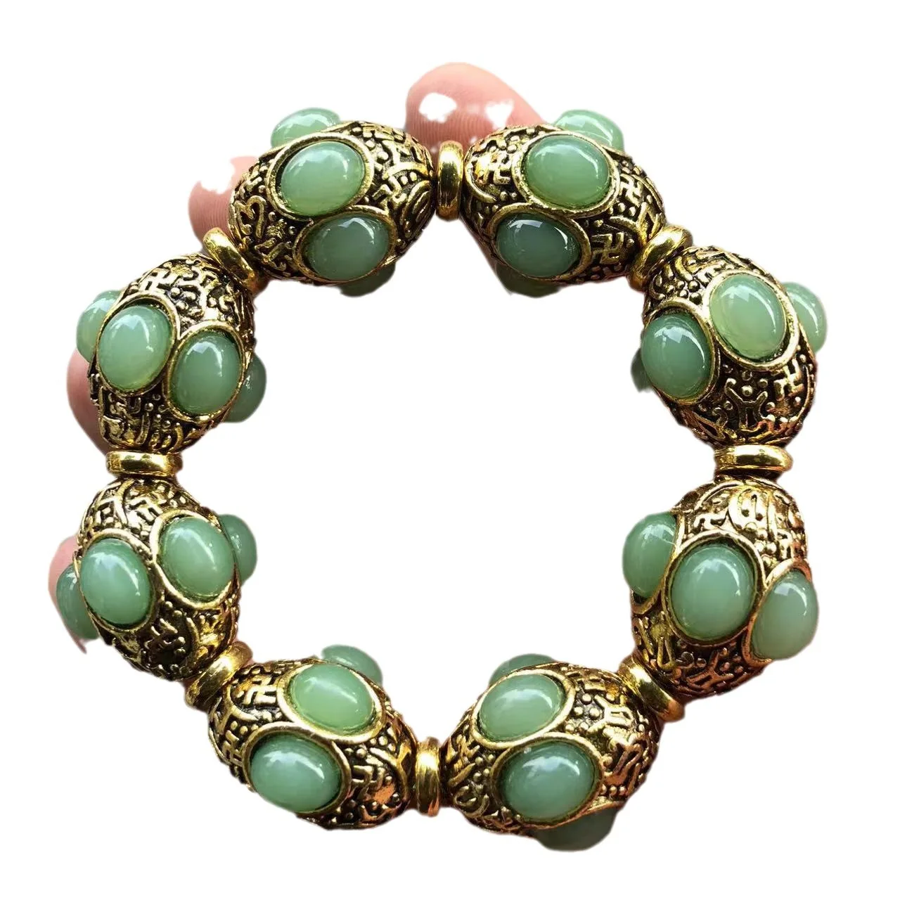 Vintage Bronze Inlaid Green Jade Bead Bracelet Chinese Retro Ethnic Lucky Healing Stone Bangle Men Women Antique Jewelry Gift view 5