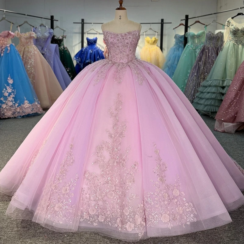 

Розовые блестящие платья Quinceanera с открытыми плечами, аппликация, цветок, бисер, тюлевой корсет, вечерние, день рождения, сладкое платье 16, Vestidos 15 De