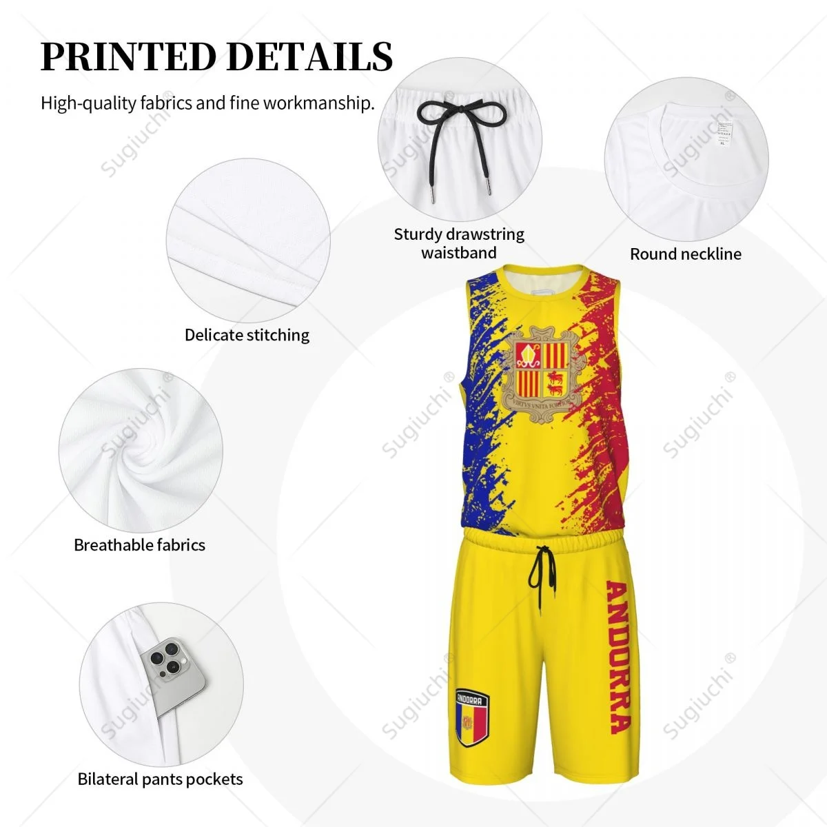 Team-up Andorra Flag Grain Men Basketball Jersey Set Shirt & Pants Sleeveless Custom Name Nunber Exclusive