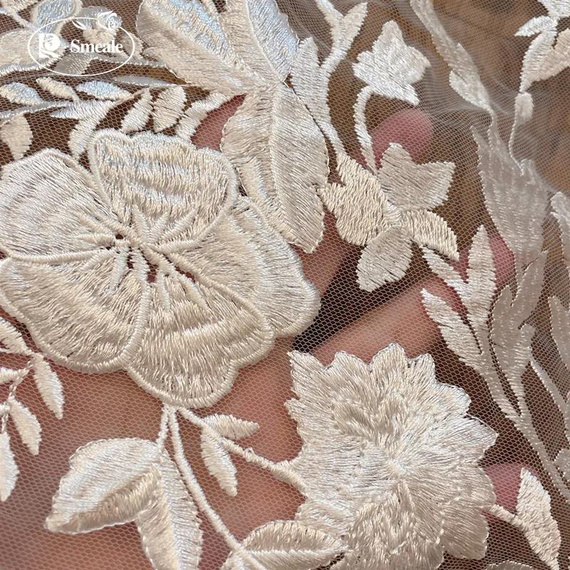 Tessuto di pizzo per matrimonio, fiore ricamato, abito ramoscello, tessuto a rete in pizzo, accessori per cucire fai da te, bianco sporco