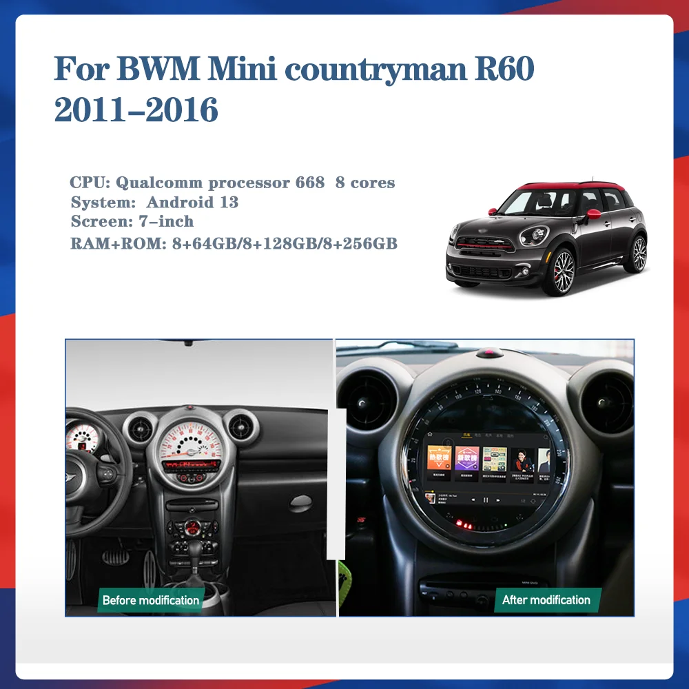 7.0-inch Android 13 For BWM Mini countryman R60   2011-2016    GPS Navigation Radio Carplay 5G Multimedia Player