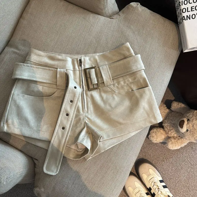 Short en peau de daim pour femme, pantalon taille haute, ligne a, décontracté, jambes larges, avec ceinture, costume, tendance, automne et hiver
