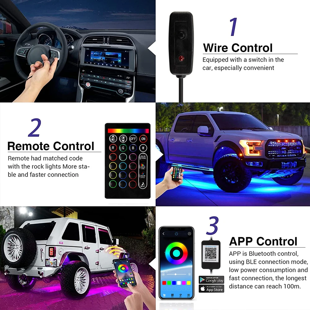 OKEEN 6p LED RGB Colorful Underglow Light Kit For Truck Jeep Truck UTV SUV ATV Car Decorative Atmosphere Underbody Rock Lamp 24V