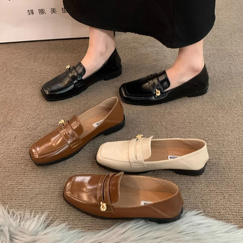 Korean Style British Style Square Toe Low Heeled Small Leather Shoes Doudou Women Shoes Early Autumn New Slip on Loafers