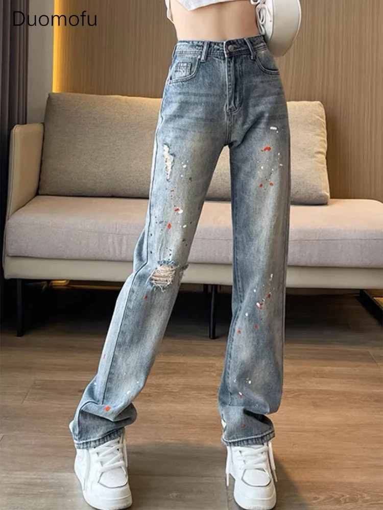 

Duomofu Ins Chicly Hollow Out Винтажные тонкие женские джинсы с высокой талией Летняя мода Полная длина Свободные прямые женские джинсы XS-2XL