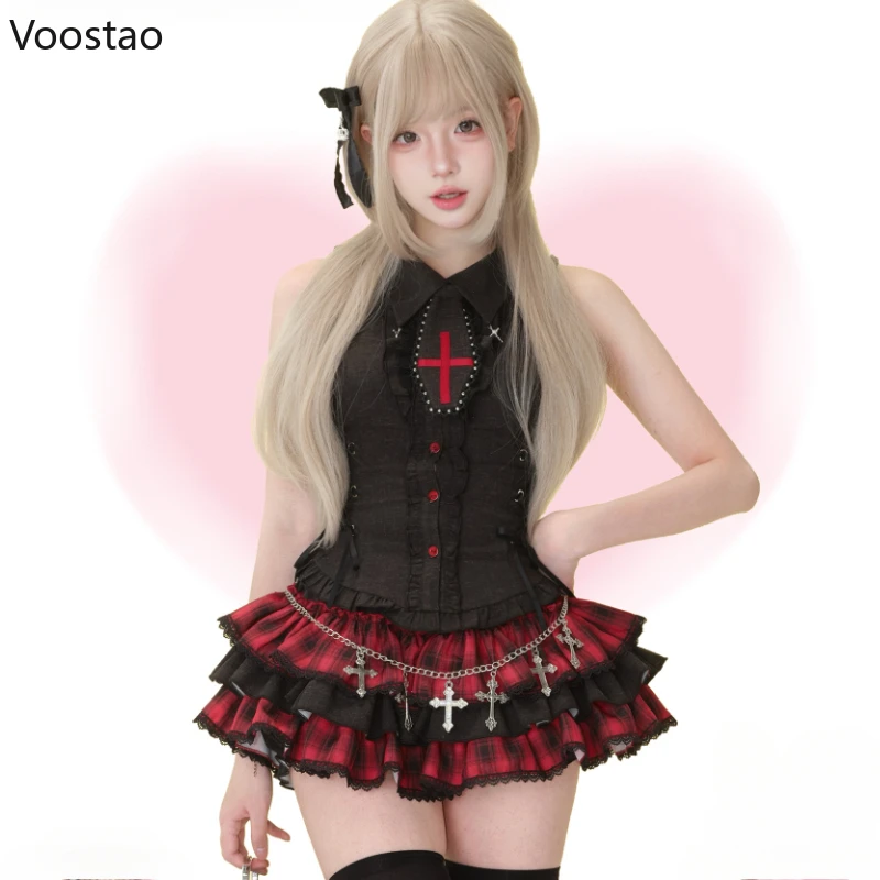 

Японский готический комплект юбки в стиле Лолиты, женские сексуальные топы без рукавов с крестом, кружевные клетчатые мини-юбки-торты, женские костюмы Y2k на Хэллоуин