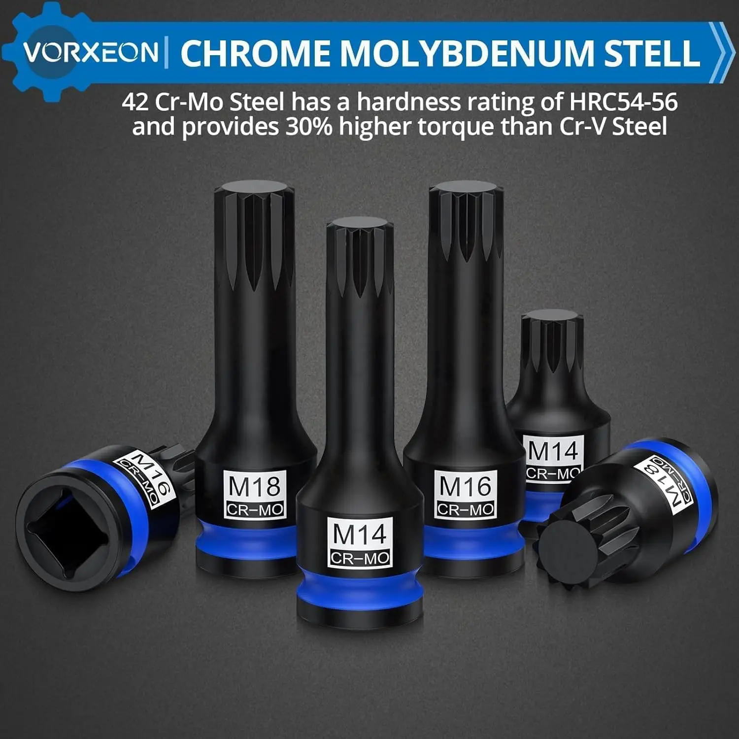 1/2 "محرك ثلاثي مربع سبلاين تأثير بت مآخذ مجموعات طويلة وقصيرة، 6 قطع XZN المقبس 42 Cr-Mo M14 M16 M18