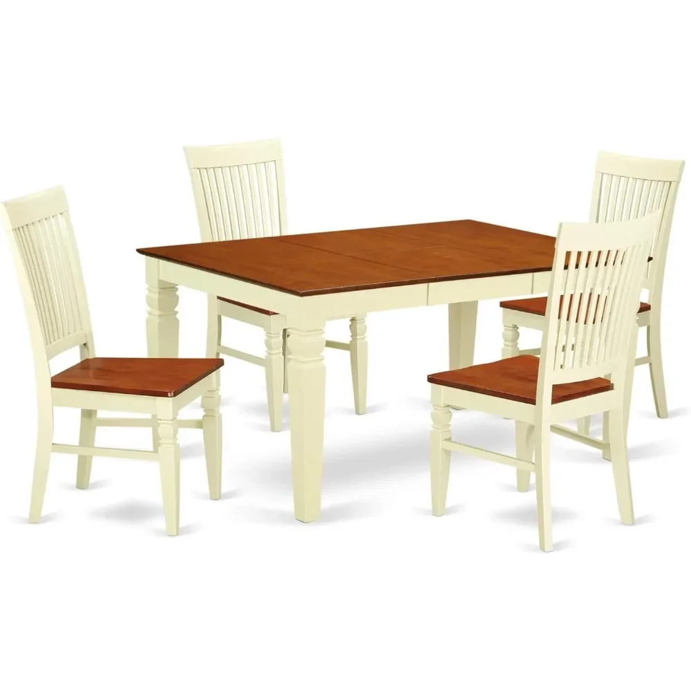 

5 Piece Room Set a Rectangle Wooden Table with Butterfly Leaf and 4 Kitchen Dining Chairs, 42x60 Inch, Buttermilk & Cherry