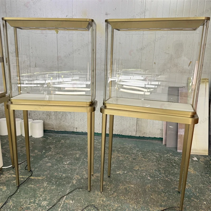 custom.High End Curved Gold Jewellery Display Table Luxury Glass Boutique Modern Jewelry showcase Cabinet Jewelry Shop