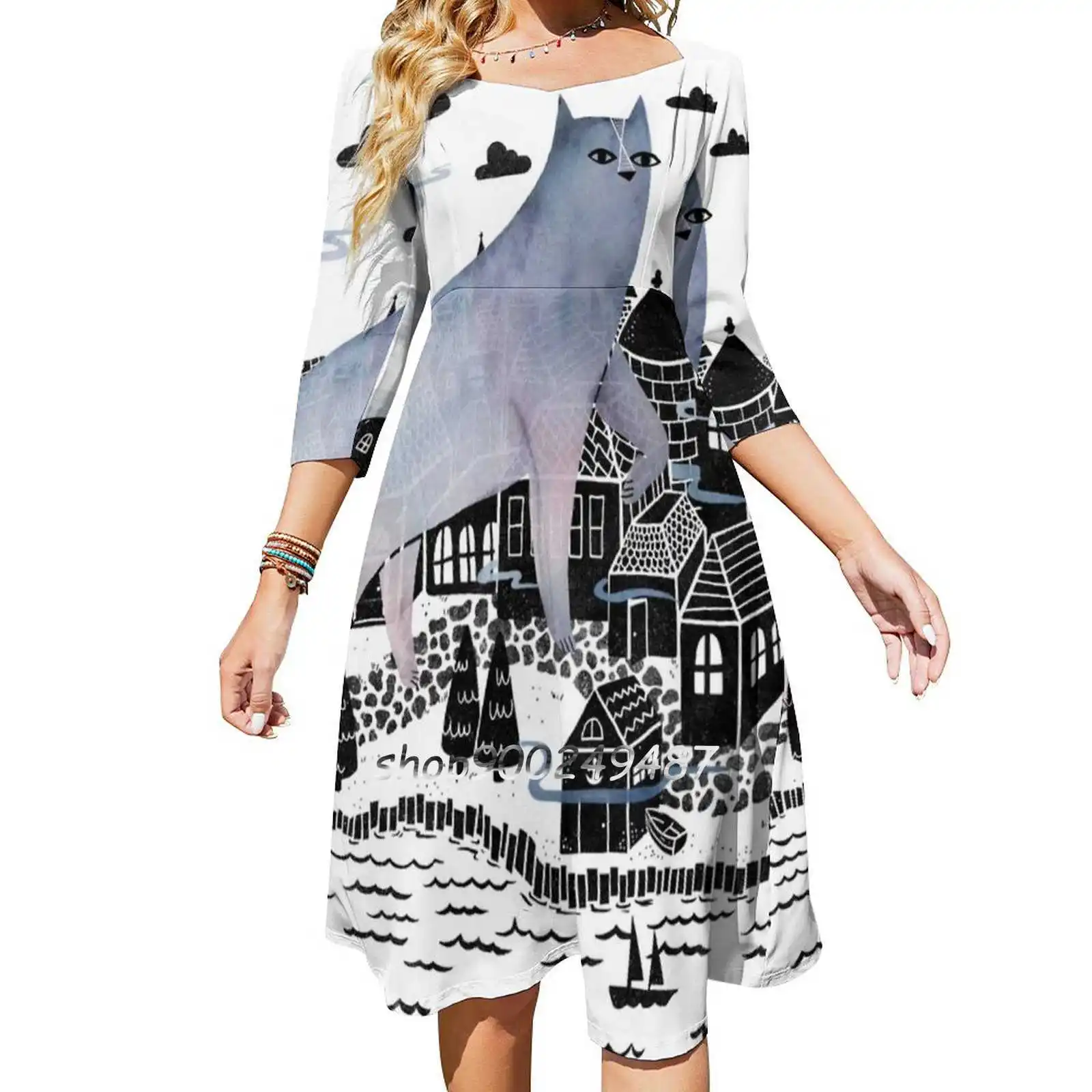 The Fog Women Casual High Waist Mini Dress Short and Long Sleeve Dresses Fashion Dress Cat Fog Poetry Carl Sandburg Watercolor