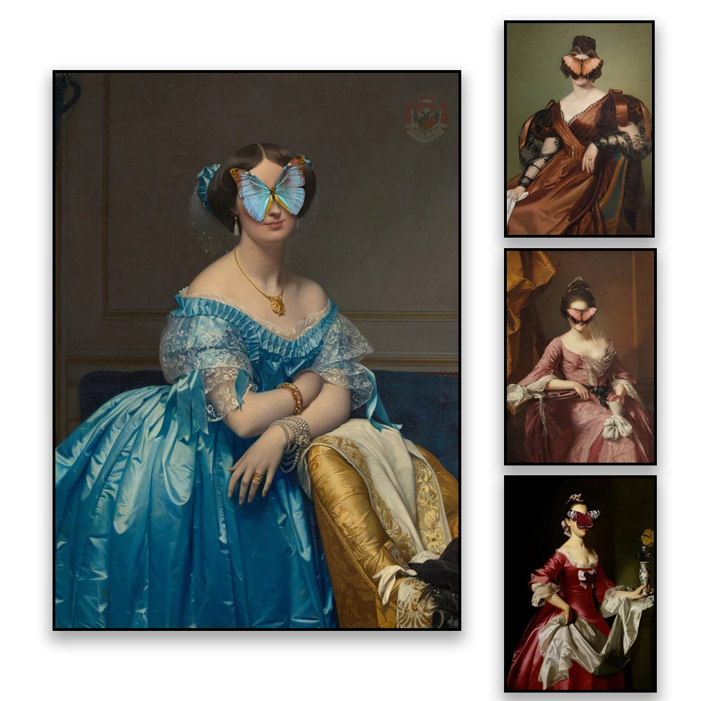 

Retro Poster Madame Butterfly Prints Blue Satin Dress Women Portrait Oil Painting Victorian Art Canvas Painting Gallery Decor