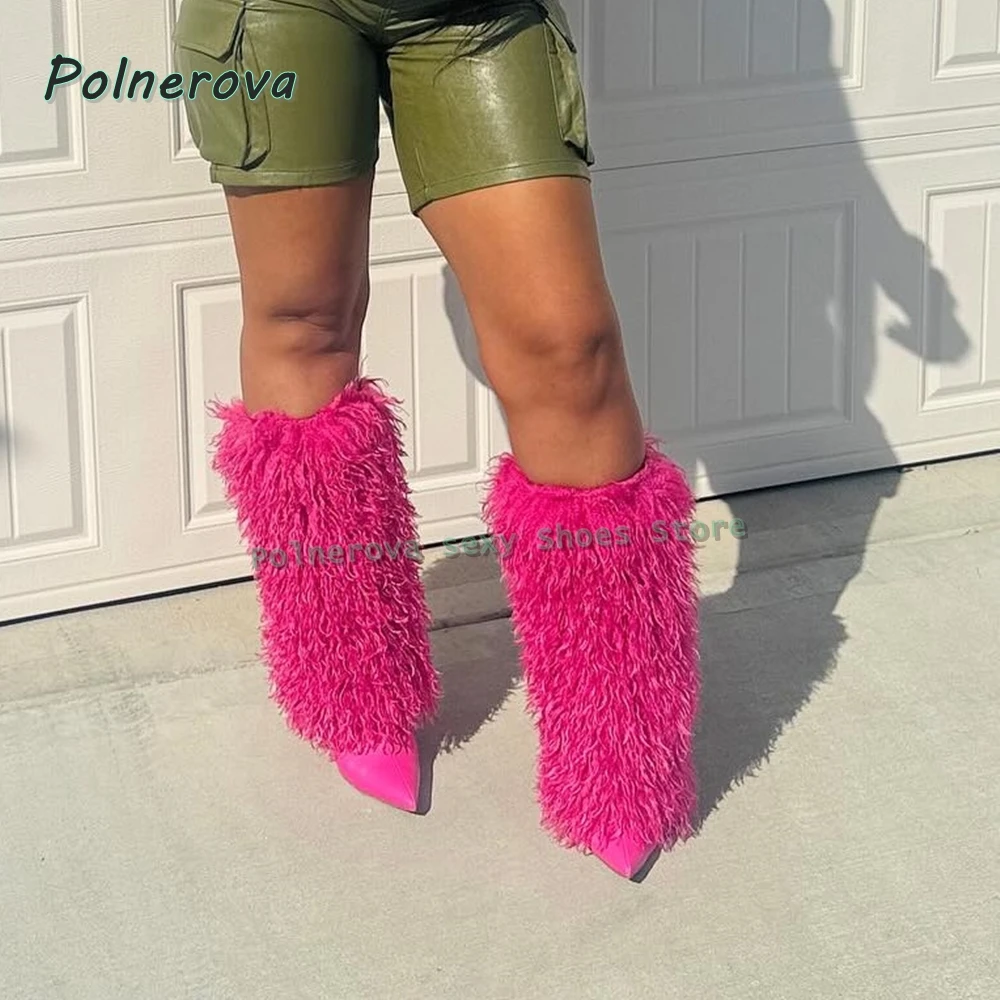 

Magenta Feather Sexy Knee High Boots Pointed Toe Stiletto Pull On Patchwork Women Fashion Modern Boots 2026 Winter Street Style
