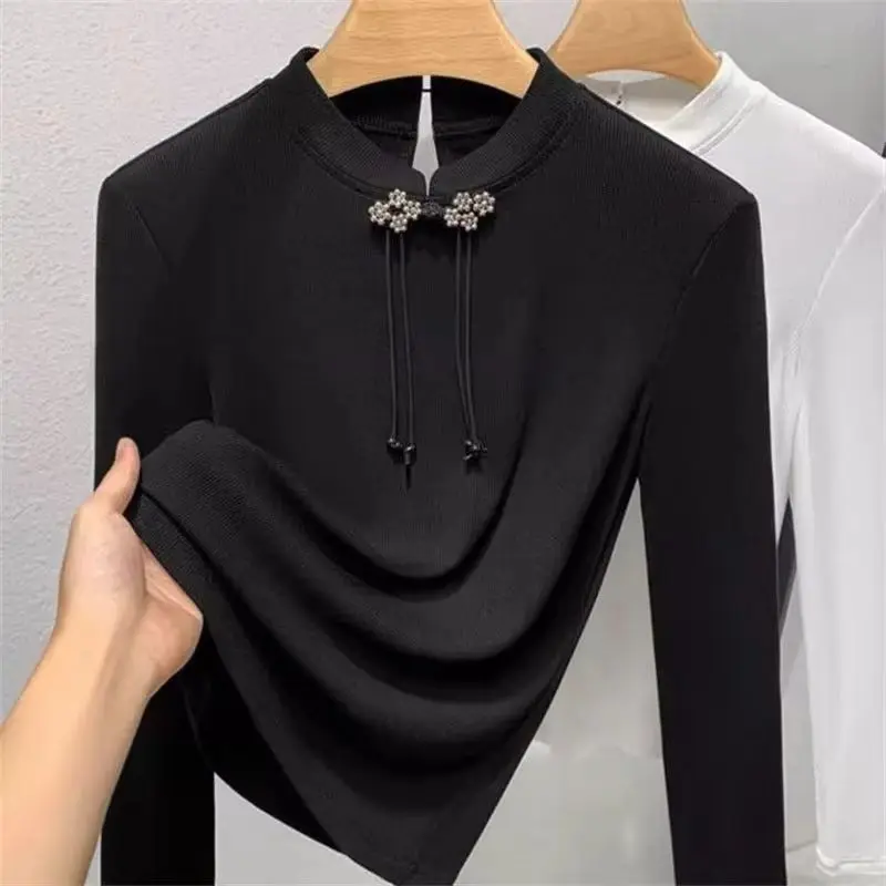 

Chinese Stand-UP Sweater Women 2025New Spring Autumn Button Top Lady Bottoming Shirt Slim Pullover Black T-Shirt Female Pullover
