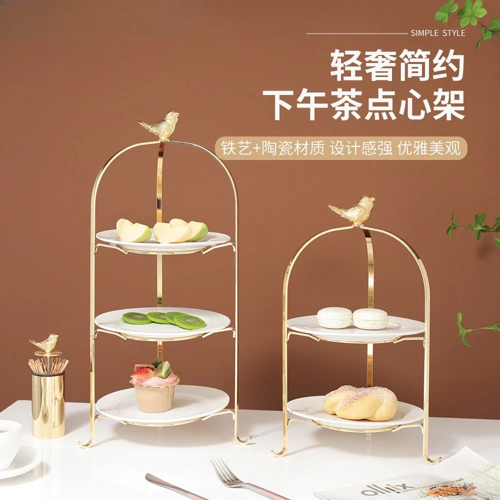 European Chinese and Western food light  gold ceramic cake dessert fruit plate wedding photography props snack rack 2 laye