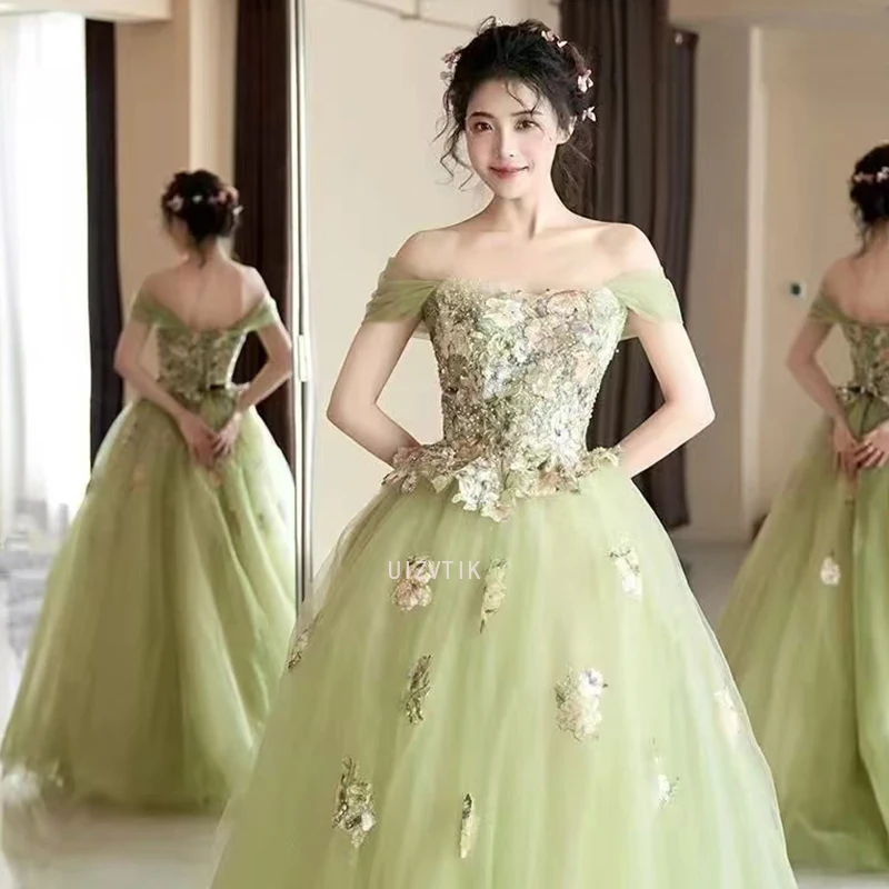 Eegant グリーンイブニングドレス女性オフショルダーアップリケ花ロングウエディングドレスカスタマイズされたウェディングパーティーフォーマルオケージョンドレス