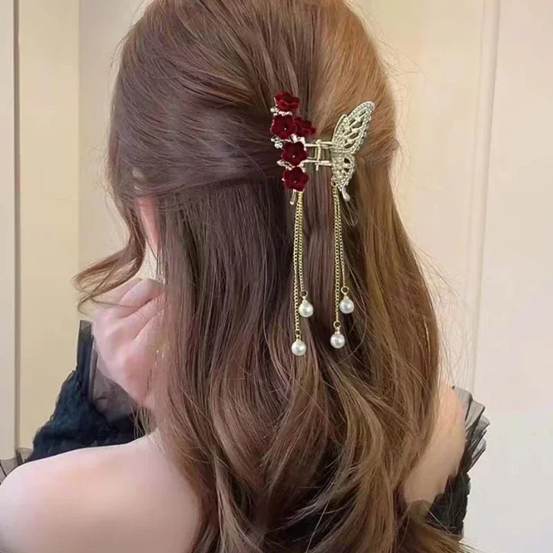 Butterfly Tassel Pearl Hair Claw Red Flower Festival Hairpin for Girls Ponytail Hair Clips Crab Women Fashion Accessories Gifts