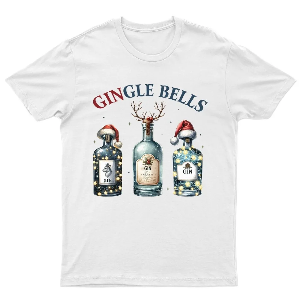 

Gingle Bells Christmas Gin T-Shirt Unisex Gift Retro Seasonal Funny Xmas Santa Funny Print Round Neck Tshirt Cute Graphic Tees