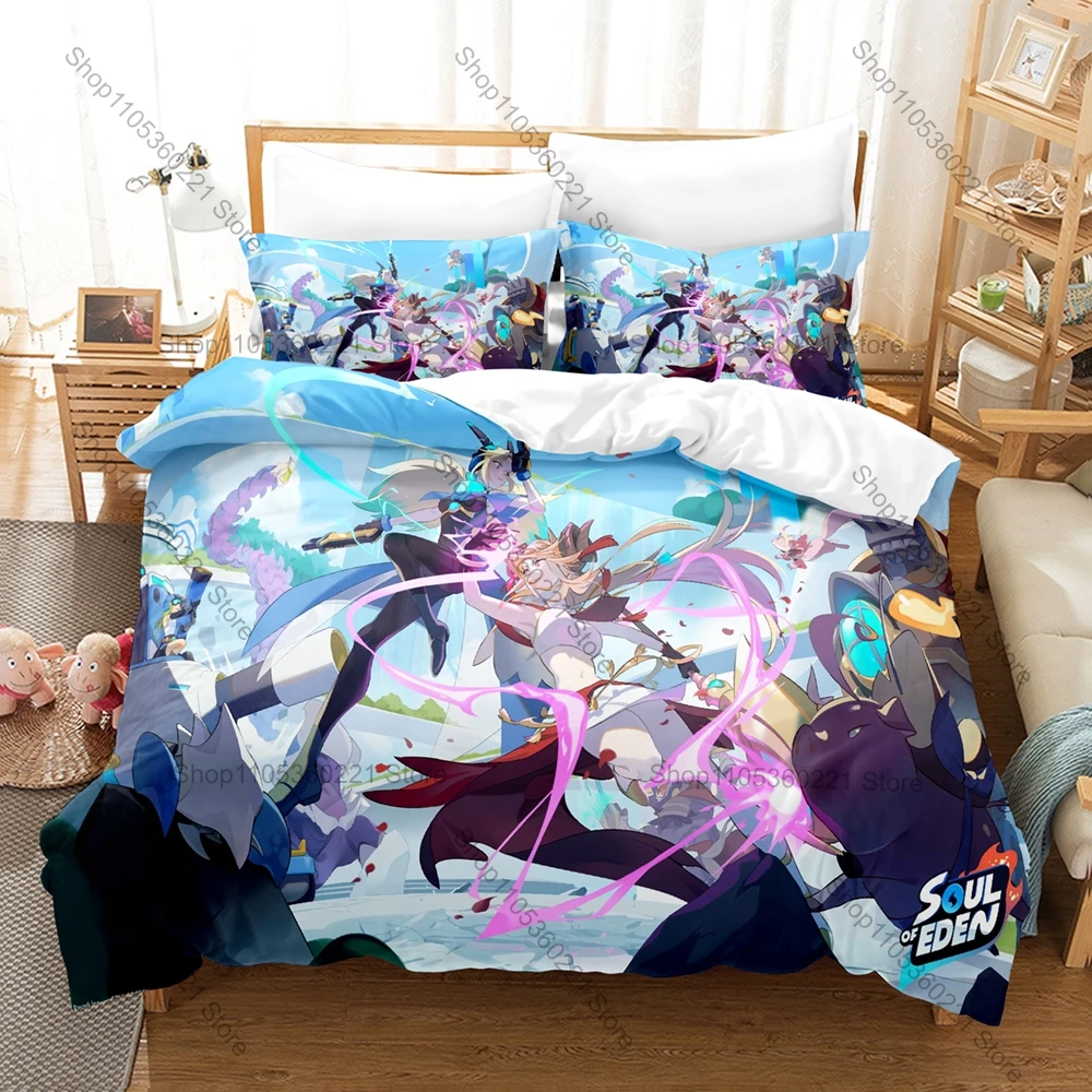 Juego de cama Strategy Game Soul of Eden, funda nórdica y 2 fundas de almohada, diseño de personajes únicos, tela transpirable para uso en todas las estaciones