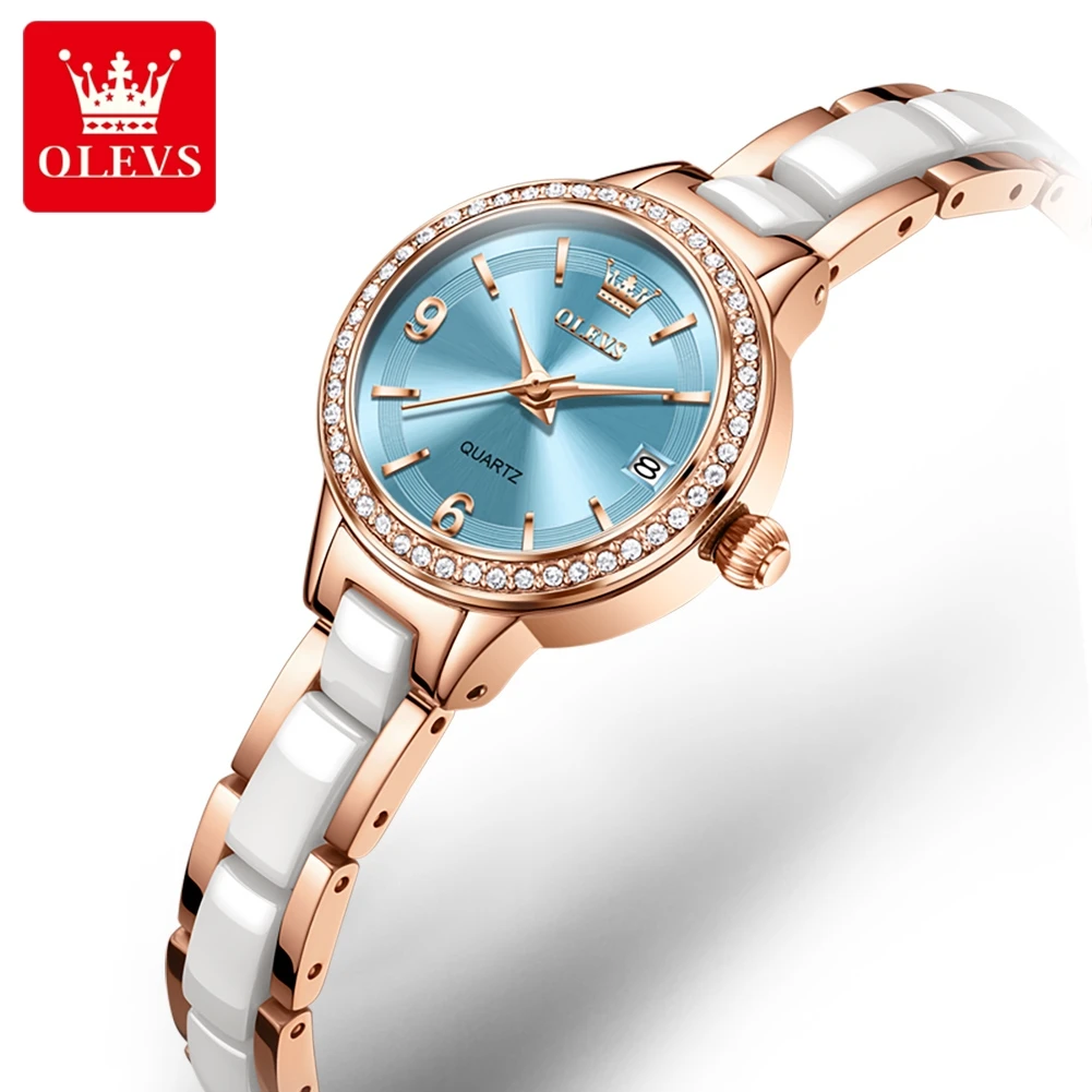 OLEVS Luxury Quartz Watch for Women Original Elegant Ceramics Strap Waterproof Auto Date Luxury Diamond Lap Ladies Watches 7093