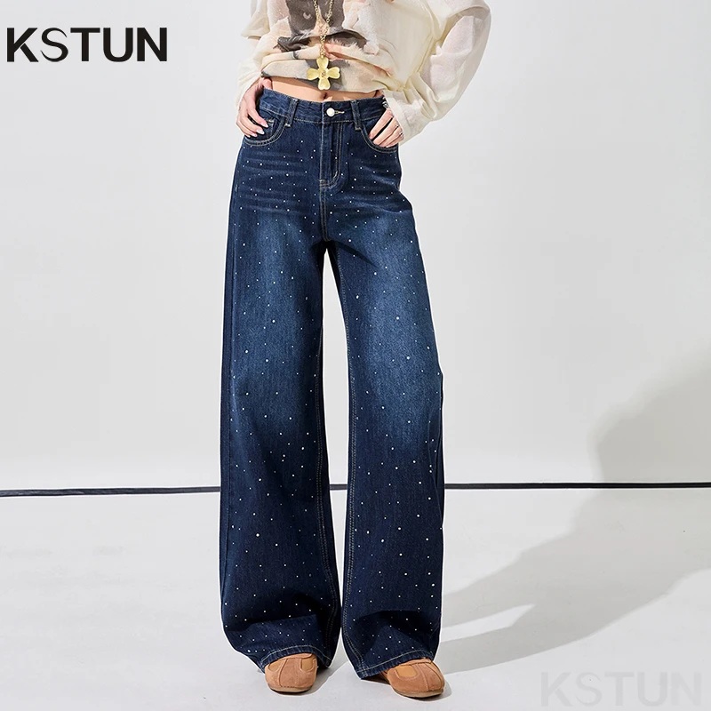 

KSTUN 2026 New Women Wide Leg Rhinestone Jeans Dark Blue Sparkling Straight Denim Pants High-Waist Design Enhances Leg Lines