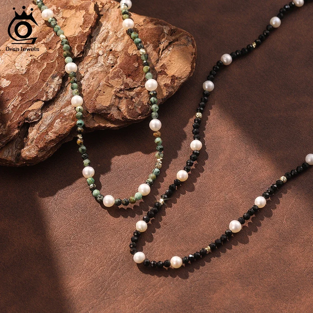 

ORSA JEWELS S925 Silver Black Obsidian Stone Choker Necklace with Pearl CollarTurquoise Neck Chain Jewelry Accessories MPN13