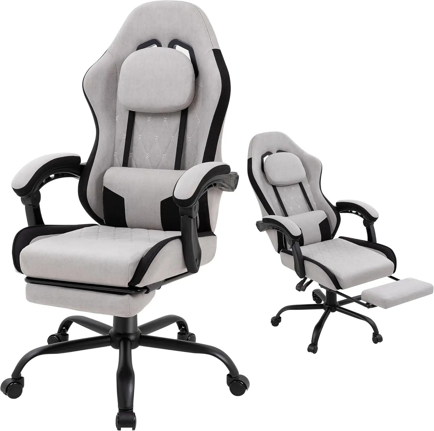 Gaming Chair for Adults, Fabric Gaming Chair with Footrest and Pocket Spring Cushion, Ergonomic Gamer Chair with Lumbar Support, Reclining Computer Gaming Chair with High Back, Grey