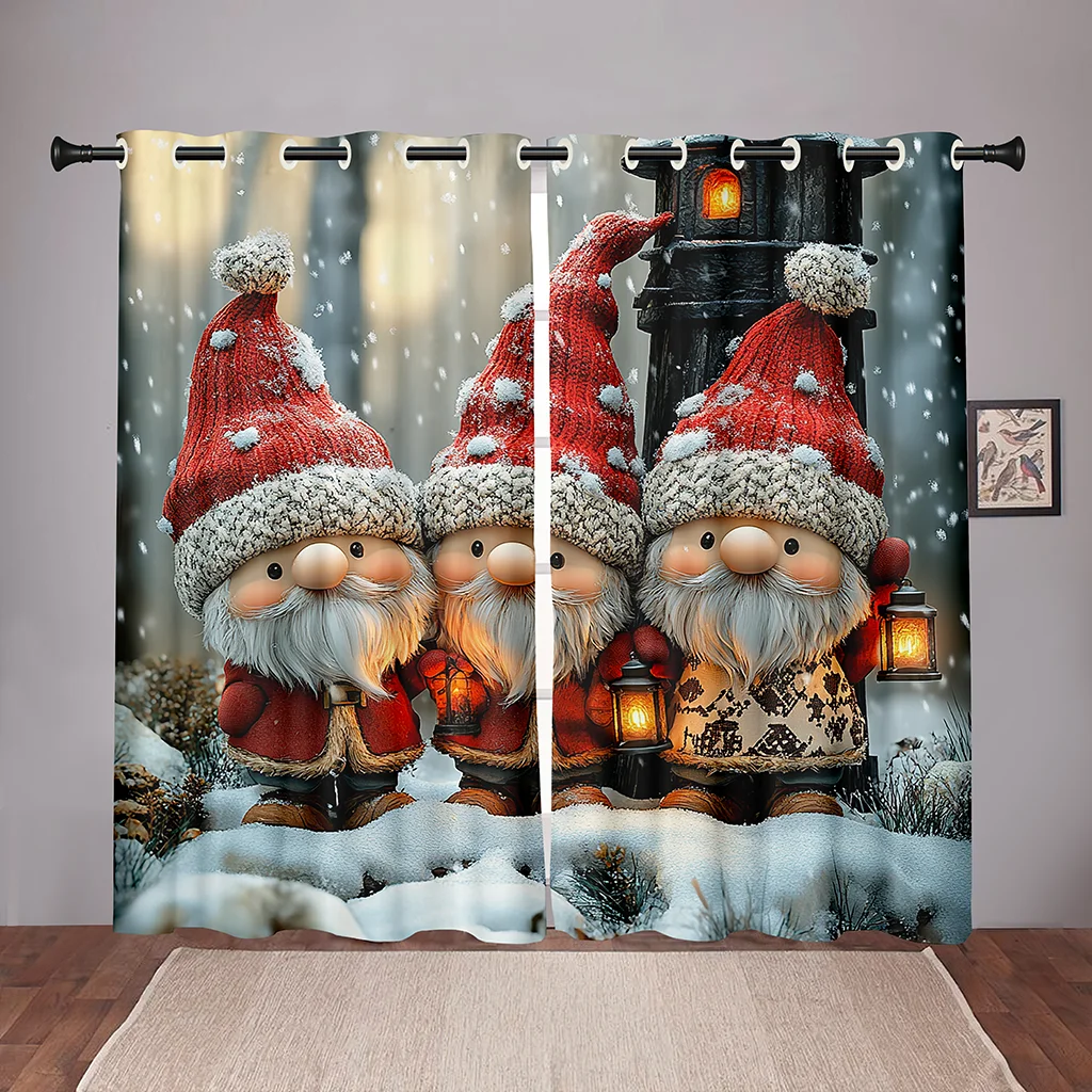 Christmas Gnome Curtains 2 Panels 3D Print Sun Block Winter Holiday Decor Bedroom Living Room Snow Lantern Pattern Cozy Festive