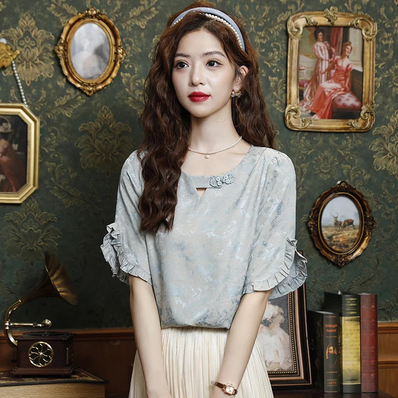 

Short Sleeve Shirts Womens Chiffon Shirring Pintuck Loose Shirt Cute Romantic French Sweet Preppy Student Artistic Blouse