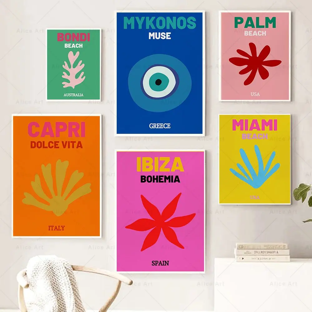 Preppy Color Travel Prints Miami Bondi Palms Ibiza Mykonos Capry Poster Canvas Painting Wall Art Pictures Living Room Home Decor