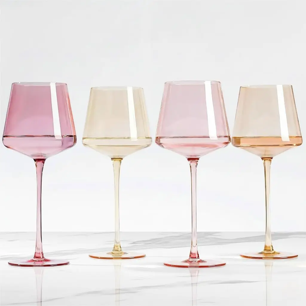 

Pink Wine Glasses Set of 4 – Blush Pink, Rose Red, Light Yellow, Light Peach – Elegant Colored Wine Glass for Women/He