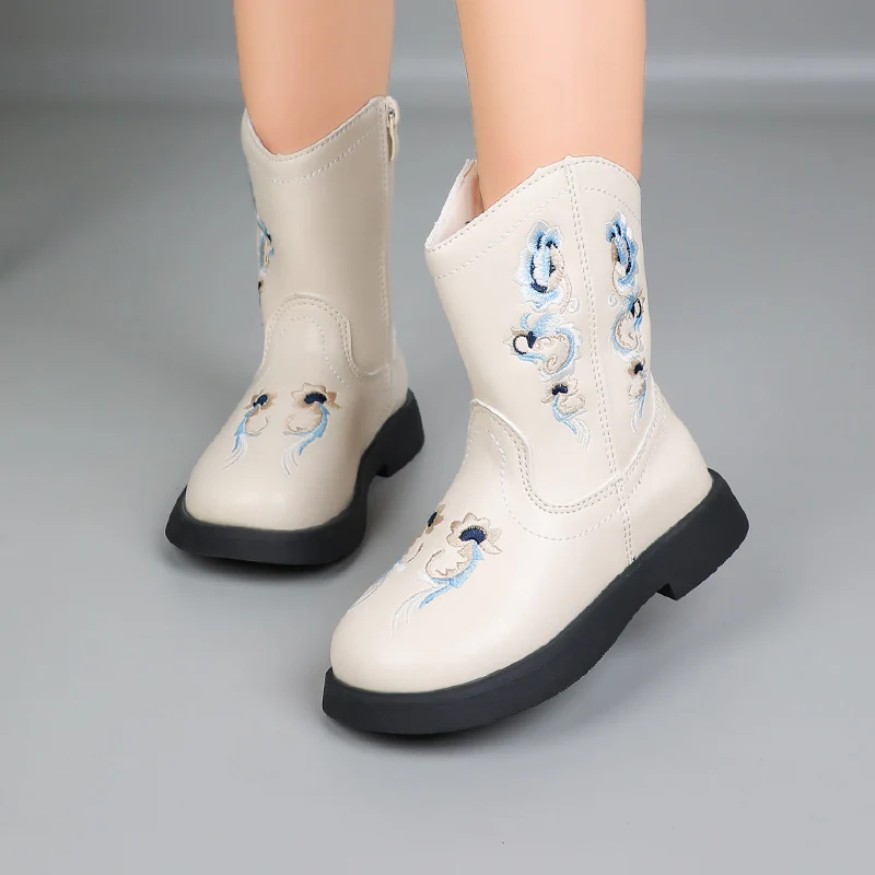 

Children Vintage Boots Embroidered Non-Slip Waterproof Short Boots for Kids Boys Girls Autumn Fashion Princess Cowboy Boots