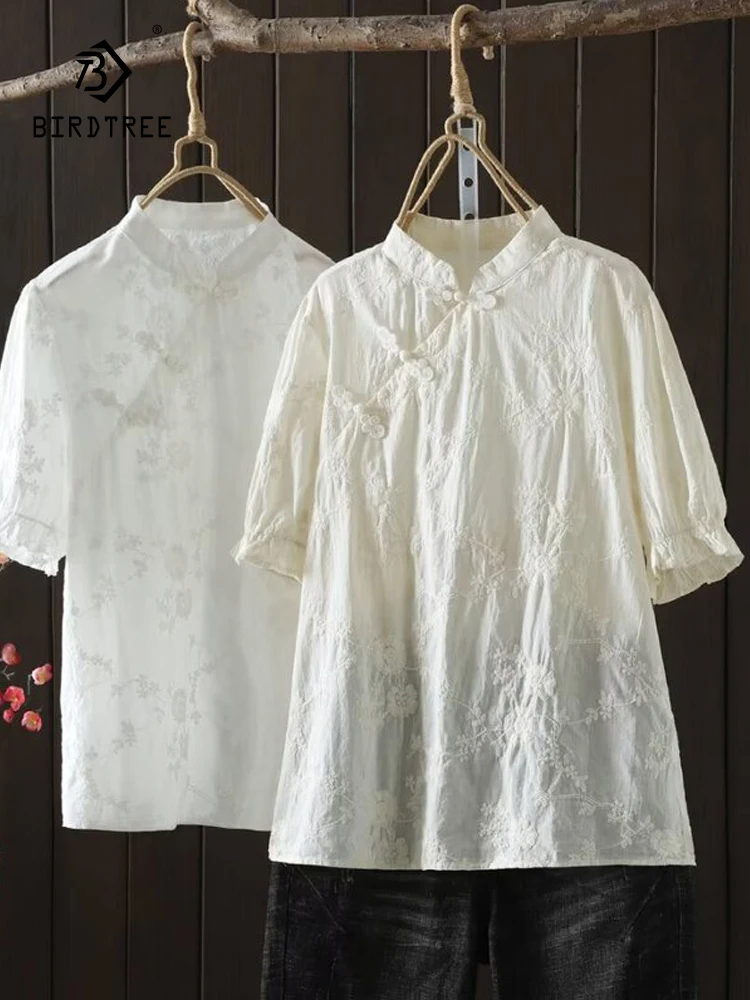 

New Spring Cotton Embroidery Shirt Women Stand Short Sleeve Gentle Tops Girl Loose Casual Vintage Blouse 2024 Autumn T44856QC