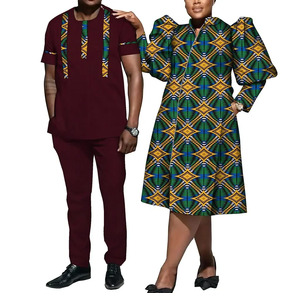 Fashion African Couple Clothes  Suits Set for Men Women African Bazin Riche Wedding Party African Clothes WYQ1087