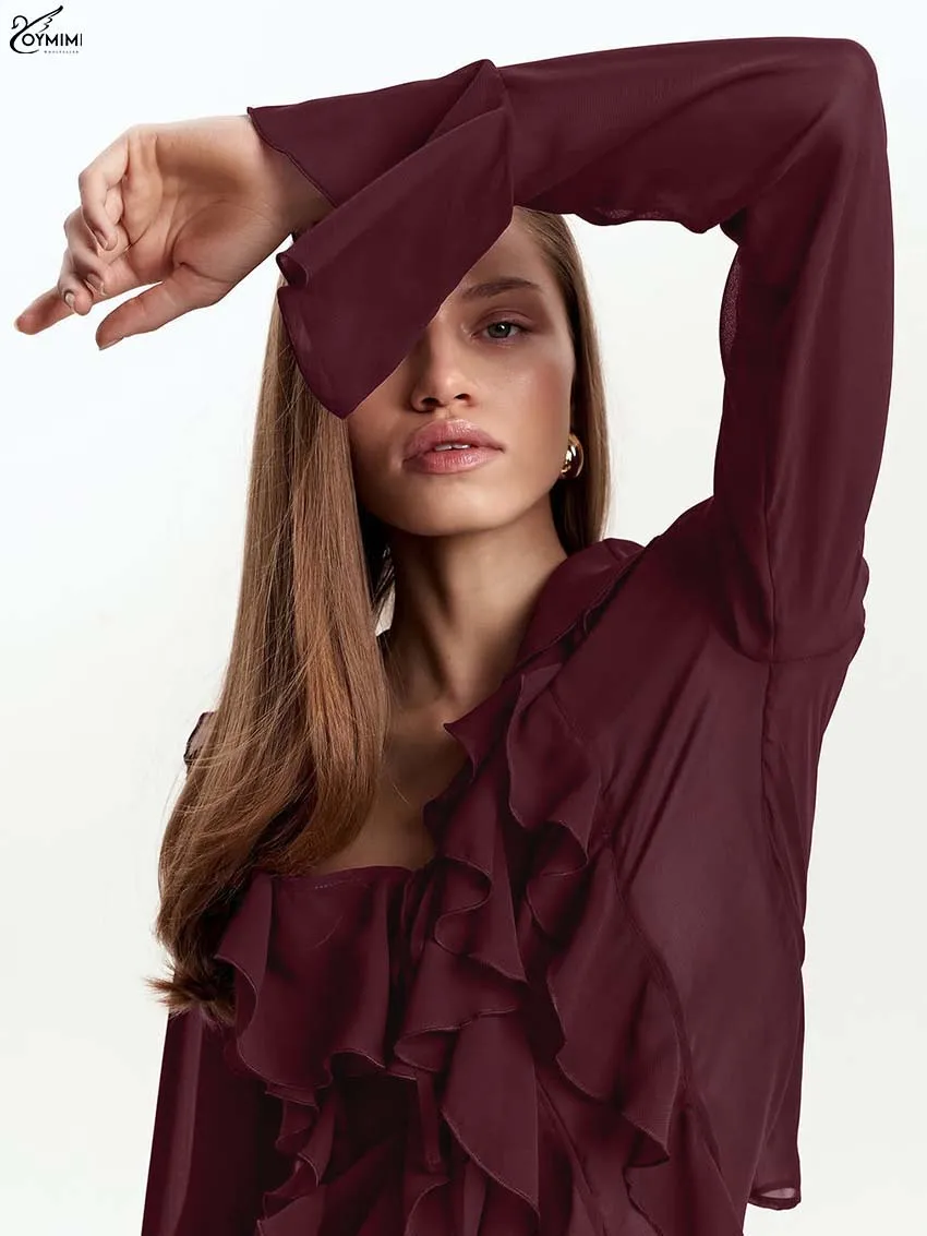 Oymimi Moda Camicia da donna sottile nera Elegante manica lunga con volant Camicette con lacci Estate Nuove camicette traslucide solide Donna