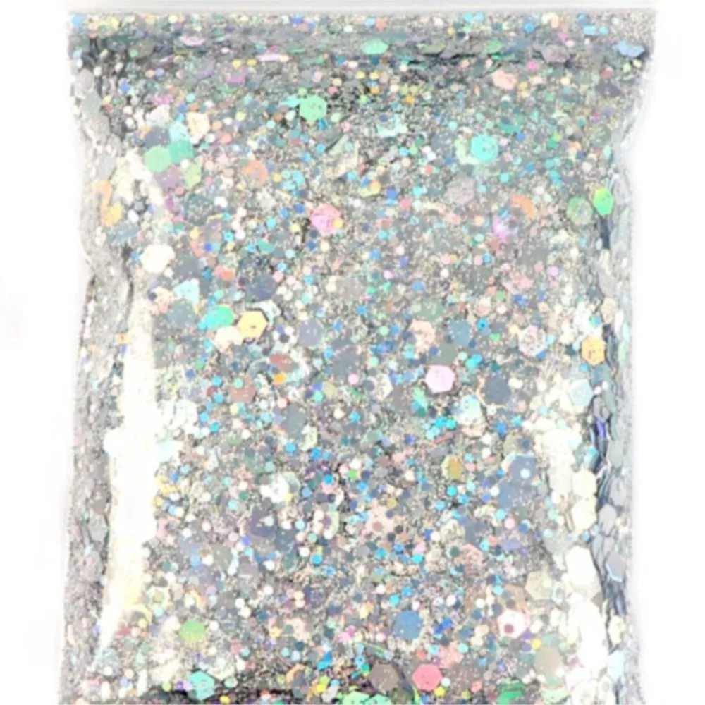 

50 г голографические смешанные шестиугольные формы, массивные блестки для ногтей, лазерные серебряные блестящие хлопья, ломтики, маникюр, украшение для ногтей