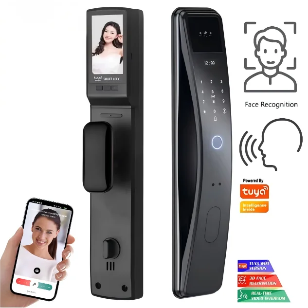 Cerradura electrónica inteligente para puertas de madera, escáner de huellas dactilares con reconocimiento Facial 3D automático, intercomunicador para el hogar, WiFi, aleación de aluminio, bacalao
